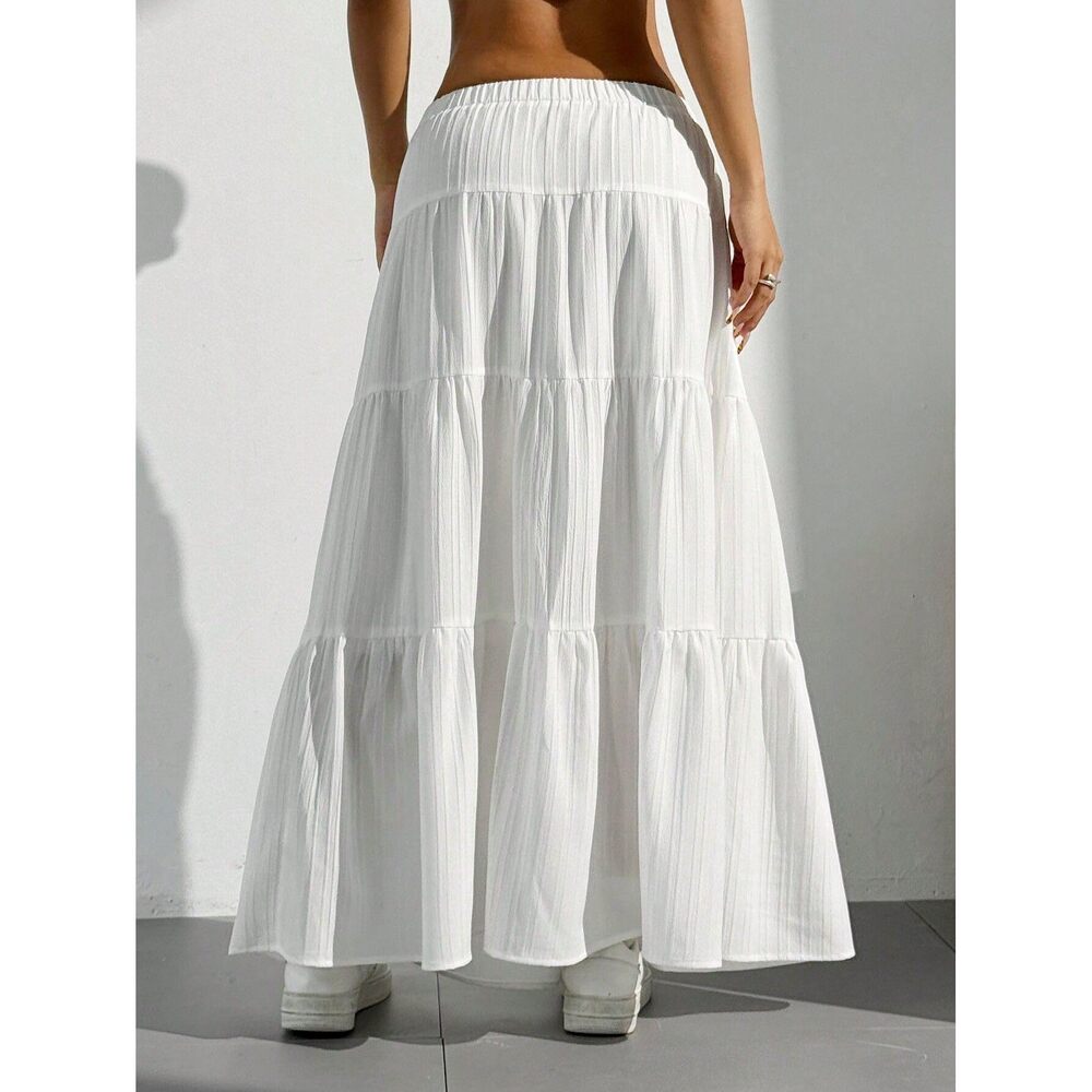 5931 Maxi Skirts Solid Color Long Skirts Summer High Waist Ruffled Hem - Picture 3 of 5